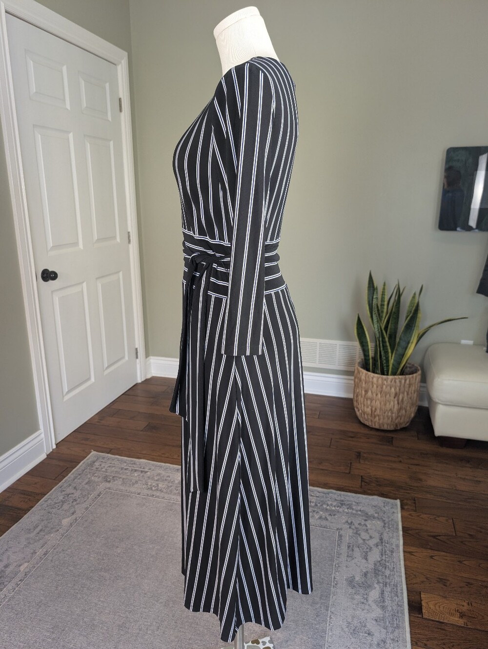 Lauren Ralph Lauren Black White Dress Pinstripe Midi Office Siren Classic Size 8 - Picture 3 of 17